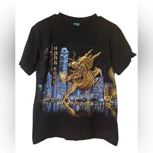 Discover Hong Knong T-Shirt Men’s Large Black Wrap Around Glitter Dragon Print